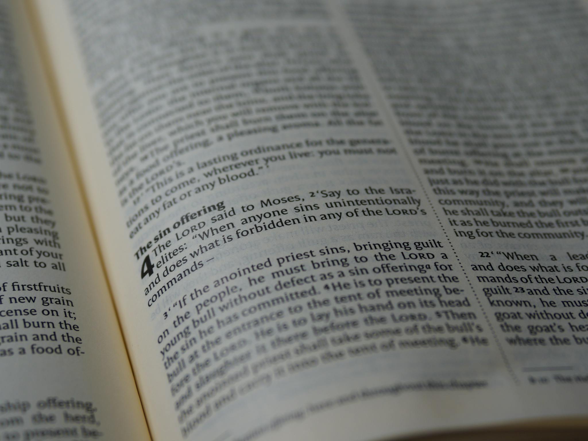 A detailed close-up of a Bible page showing religious scripture in focus.